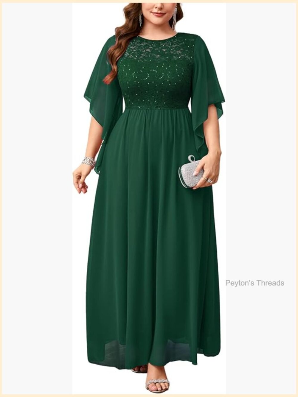 Plus Size Formal Dress Sequin Lace Chiffon A-line Maxi Handkerchief Sleeve Gown